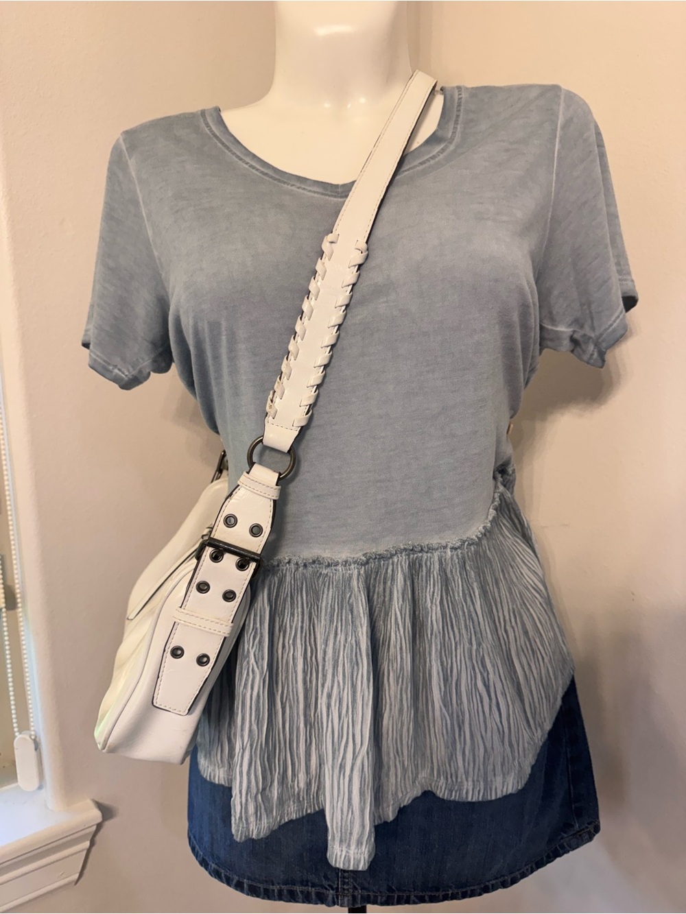 Light Blue Peplum Short Sleeve Top - Casual Women's Tee